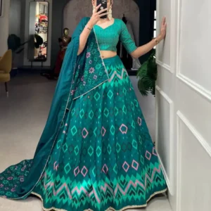 Persian Green Vaishali Silk Lehenga: Elegant printed design, lace border, stitched for comfort