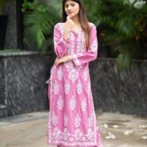 Pink Lucknow Chikankari Kurti Set