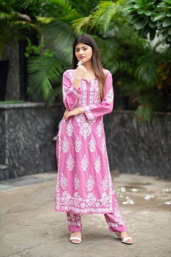 Pink Lucknow Chikankari Kurti Set