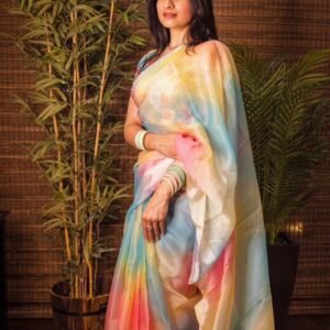 Fine Soft Organza dreamy pastel shaded print with foil outline allover saree with beautiful fancy tussle