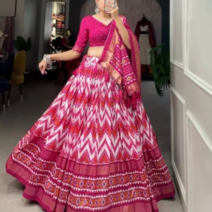 Tussar Silk Lehenga: Leheriya & Foil Print, Waist up to 42, Can Can Stitching, Inner Included. Unstitched Blouse, Tussar Silk Dupatta. Length: 41.